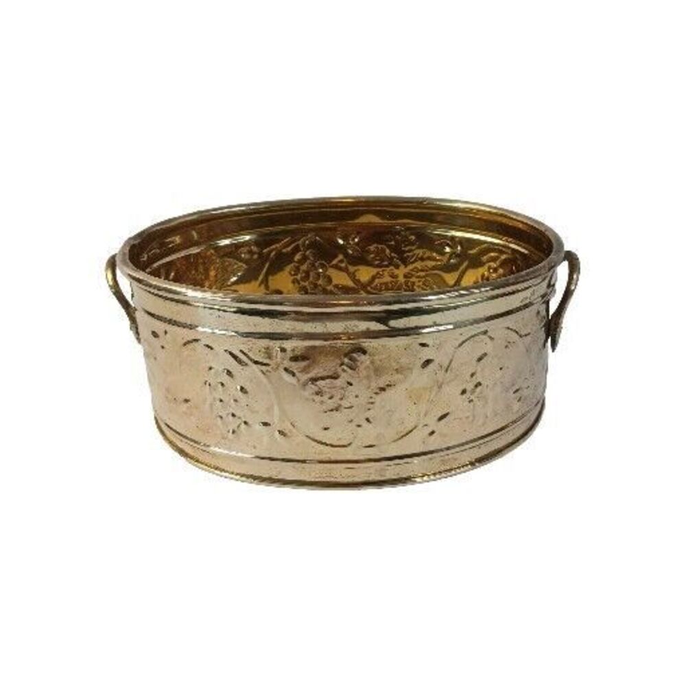 Vintage Solid Brassl Oval Planter Embossed Grapevines And Handles Hosley 7" X 3"